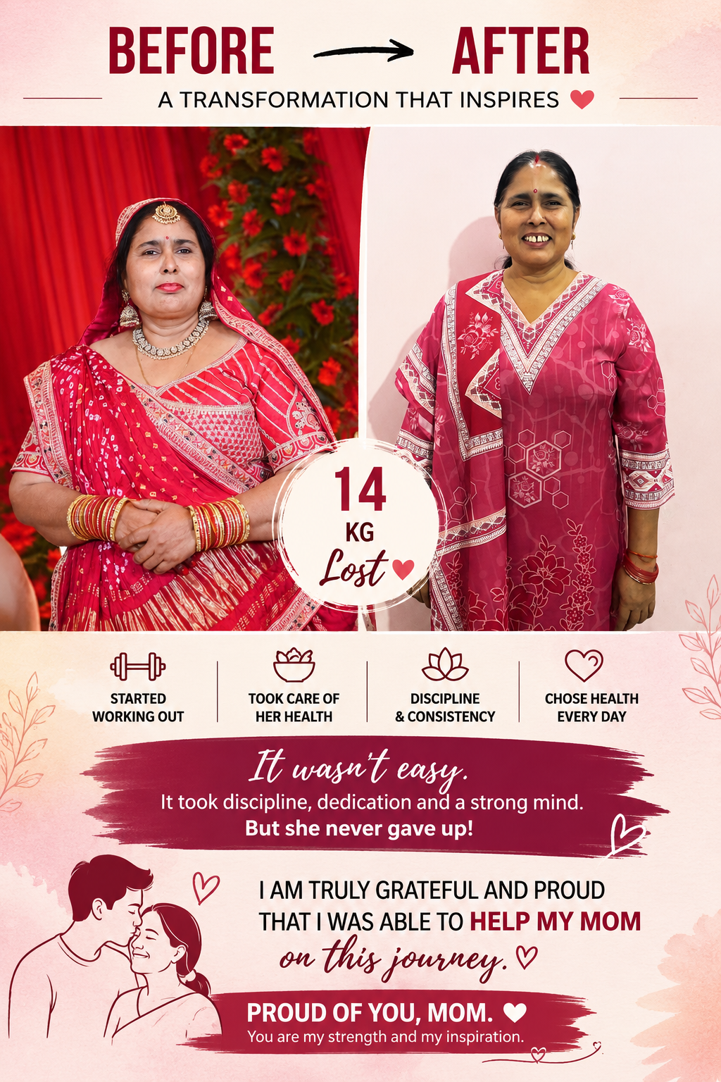 Before and after photographs from a BetterbyChoice member's 14 kilogram transformation journey